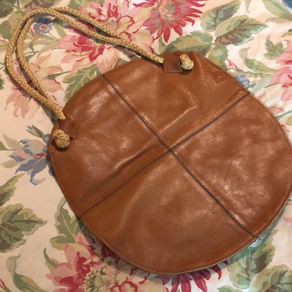 Vintage 70s Genuine 100% Leather Honey-Brown Dual-Rope Handle Round Bag GROOVY - Picture 10 of 16